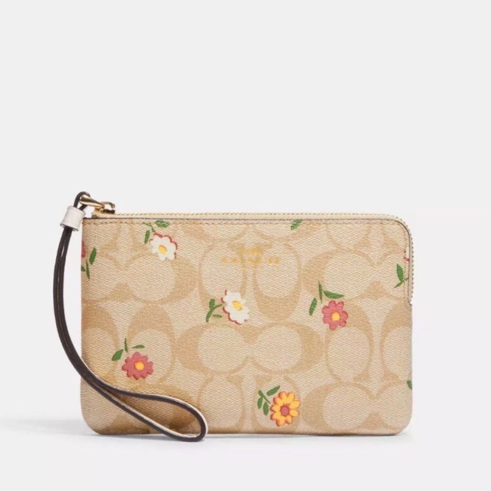 Coach Corner Zip Wristlet in signature coated canvas with ditsy floral print NWT - Picture 2 of 8